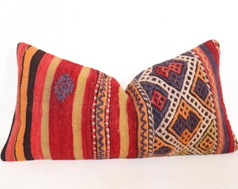 Lumbar kilim pillow.60x30 .24x12 inc.Primitive Pillow Sofa Seat Blue shabby chic cushion knitted throw long pillow cover,decorative .