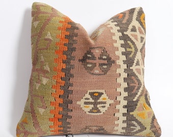 kilim pillow Primitive Pillow Sofa Seat Brown shabby chic cushion knitted throw 40x40 pillow,16x16 inch anatolian pillow case Ö-5