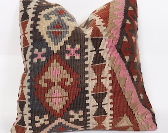 Taie d'oreiller turque, housse de coussin kilim, taie d'oreiller ethnique, taie d'oreiller kilim, tissé à la main, coussin, oreiller 16 x 16, taie d'oreiller aztèque