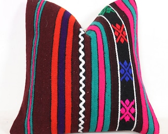 Housse d’oreiller turque, Housse de coussin Kilim, Taie d’oreiller ethnique, Housse d’oreiller Kilim, Tissé à la main, Oreiller jetable, Oreiller 16x16, Taie d’oreiller aztèque