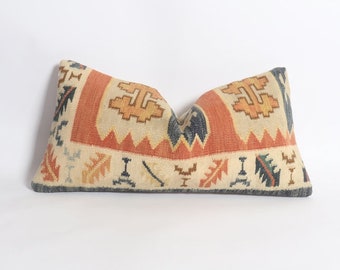 Lumbale kilim kussen.60x30.24x12 inc.Primitief kussen bankzit Blauw shabby chic kussen gebreide lange kussensloop, decoratief.