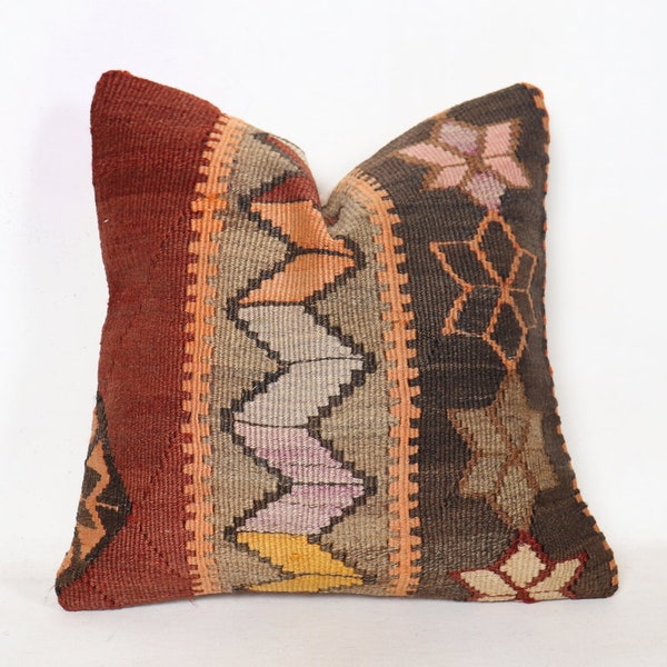 16x16 Kilim Pillow, Turkish Kilim Pillow, Decorative Kilim Pillow, 40x40 cm Cushion Cover, Vintage Kilim Pillow, Kilim Pillow Case, Pillow