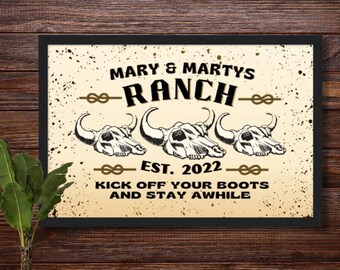 Custom Farmhouse Family Name Sign, Ranch Wall Decor, Western Home Decor, Southwest Longhorn Front Door Welcome Sign, Cowboy Rodeo Print