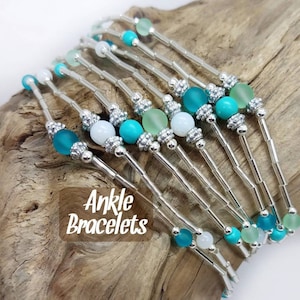 Elegant Silver Ankle Bracelet, Cultered Sea Glass Ankle Bracelet, Hawaiian Beach Anklet, Turquoise Stretch Anklet, Boho Jewelry for Women
