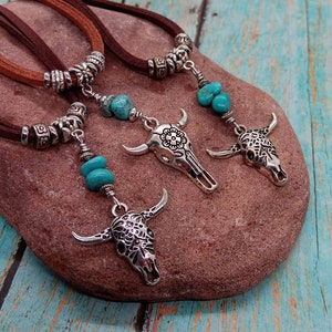 Western Turquoise Longhorn Necklace, Southwest Cow Skull Necklace, Texas Cowgirl Ranch Jewelry, Southwestern Rodeo Bull Steer Head Necklace