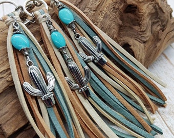 Southwest Turquoise Cactus Purse Charm, Western Gift for Women, Desert Cactus Fringe Tassel Zipper Pull, Boho Western Cowgirl Keychain