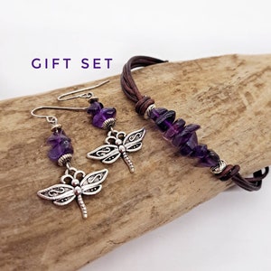 Amethyst Dragonfly Jewelry Gift Set, Dragonfly Earrings, Purple Dragonfly Bracelet, February Birthday Gift, Boho Hippie Jewelry for Women