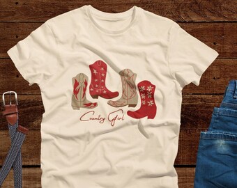 Boho Red Cowgirl T Shirt, Western Country Girl Shirt, Western Wear for Women, Southwest Farm Ranch Top, Country Music Line Dancing Shirt