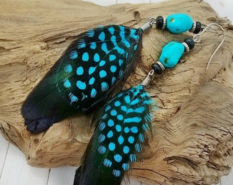Real Feather Earrings, Summer Turquoise Feather Jewelry, Southwestern Cowgirl Earrings, Boho Western Jewelry for Women, Burning Man Festival