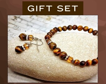 Tiger Eye Jewelry Gift Set, Bracelet Earring Set, Boho Jewelry for Women, Tiger Eye Gift for Mom Teacher Sister, Beaded Stretch Jewelry,