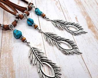 Long Southwestern Turquoise Feather Necklace, Boho Western Jewelry, Native American Pendant, Southwest  Cowgirl Feather Necklace, New Mexico