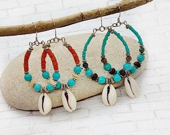 Summer Beach Hawaiian Shell Earrings, Boho Jewelry for Women, Tropical Shell Jewelry, Seashell Hoop Earrings, Beaded Hippie Drop Earrings