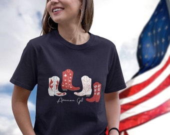 Western American Cowgirl T shirt, Cowboy Boots Tee, Boho Plus Size Horse Horses Ranch Top, Southwest Rodeo Fourth of July Country Girl Tee