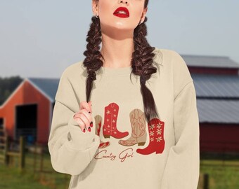 Western Country Girl Sweatshirt, Cowgirl Rodeo Fashion, Red Cowboy Boots Top, Southwest Ranch Hoodie, Plus Size Shirt,  Line Dancing