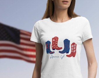 America Fourth of July Cowboy Boots Top, Boho Cowgirl T Shirt, Plus Size Western American Flag 4th Tee, Southwest Rodeo Country Girl Ranch