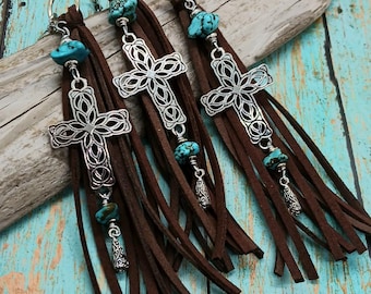 Western Turquoise Cross Purse Charm, Cowgirl Christian Gift, Religious Faith Fringe Keychain, Boho Cross Car Charm, Catholic Zipper Pull