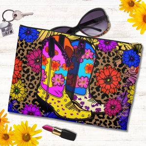 Retro Floral Western Cosmetic Travel Bag, Boho Cowgirl Make Up Pouch, Western Gift Women, Accessory Travel Bag, Carry On Toiletry Bag