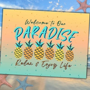 Descarga instantánea imprimible decoración del hogar de piña tropical, Florida Paradise Beach House Wall Art Print, letrero de puerta de bienvenida hawaiano de Hawaii