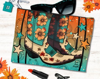 Retro Southwestern Toiletry Travel Bag, Boho Western Make Up Pouch, Western Gift Women, Boho Cowgirl Turquoise  Accessory Carry On Organizer