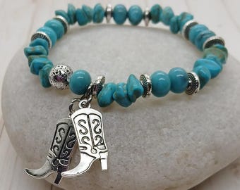 Turquoise Cowboy Boots Bracelet, Southwestern  Western Jewelry, Cowgirl Stretch Bracelet, Country Rodeo Boho Horse Equestrian Line Dancing