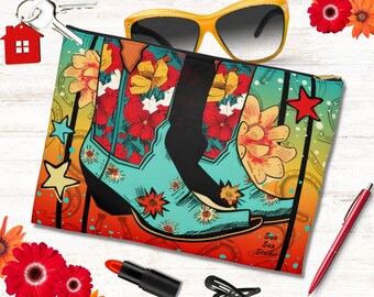 Retro Floral Cowgirl Toiletry Travel Bag, Boho Western Make Up Pouch, Western Gift Women, Southwestern Rodeo Cosmetic Accessory Organizer