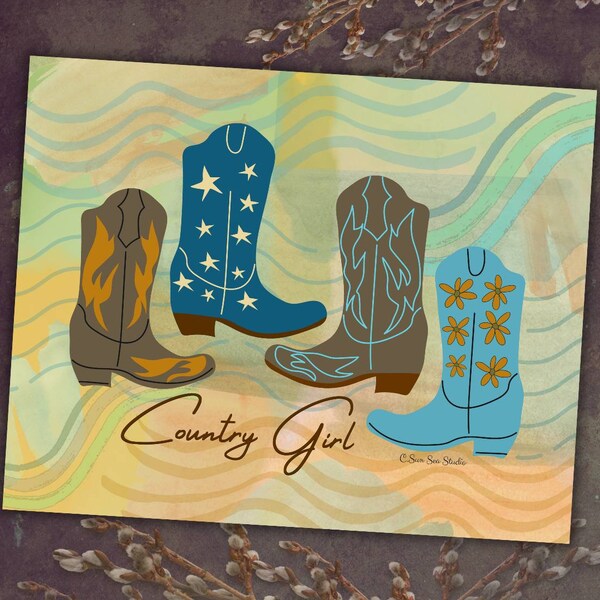 Retro Western Instant Printable, Boho Cowgirl Home Decor, Southwest Country Girl Wall Art,  Cowboy Boots Print, Hippie Cowgirl Designs Png