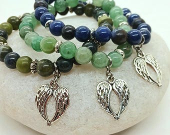Beaded Angel Wings Bracelet, Silver Angel Wing Charm Stretch Bracelet, Religious Faith Heart Jewelry, Boho Jewelry Women, Deceased Loved One