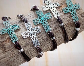 Western Cross Bracelet, Religious Christian Faith Cowgirl Jewelry, Leather Rodeo Bracelet, Southwest Boho Jewelry Women, Catholic Prayer