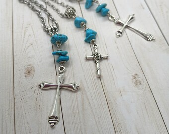 Western Turquoise Silver Cross Necklace, Catholic Christian Faith Jewelry, Southwest Cowgirl Religious Prayer Pendant, God Jesus Born Again