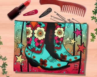Southwestern Cosmetic Accessory Bag, Cowgirl Toiletry Travel Bag, Western Gift Women, Zippered Jewelry Boho Western Make Up Pouch Organizer