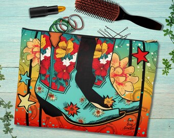 Boho Western Make Up Pouch, Western Gift Women, Retro Floral Cowgirl Toiletry Travel Bag, Southwestern Cosmetic Carry On Accessory Organizer