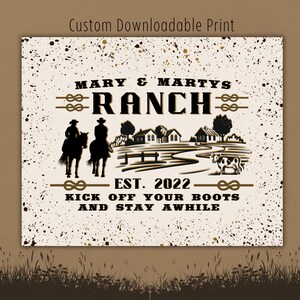 Descarga imprimible personalizada Ranch Family Last Name Sign, Farmhouse Western Home Decor, Cowboy Horses Cow Wall Print, Homestead Rodeo Barn Sign