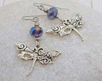Silver Crystal Dragonfly Earrings, Rainbow Fairy Fae Dangle Drop Earrings, Boho Jewelry for Women, Damselfly Dragonfly Purple Insect