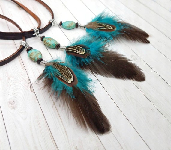 Real Feather Choker on Leather Turquoise Feather Jewelry Boho