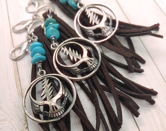 Grateful Dead Key Chain, Dead Head Key Ring, Steal Your Face Purse Charm, Stealie Zipper Pull, Jamband  Music Gift, Car Rear View Mirror