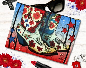 American Cowgirl Boots Toiletry Travel Bag, Boho Western Make Up Pouch, Patriotic Country Gift Women, July 4th Cosmetic Accessory Organizer