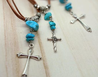 Western Turquoise Cross Necklace on Leather, Catholic Christian Faith Silver Jewelry, Boho Cowgirl Religious Prayer Pendant, God Jesus Gift