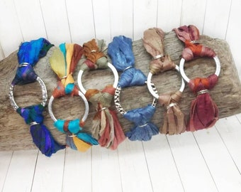 Artisan Turquoise Silk & Silver Tone Bracelet, Fall Colors Textile Bracelet, Unique Summer Festival Jewelry, Boho Beach Birthday Gift