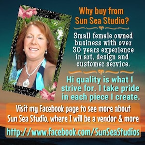 Puede incluir: Imagen con texto: "&iquest;Por qu&eacute; comprar en Sun Sea Studio?" y "Peque&ntilde;a empresa propiedad de mujeres con m&aacute;s de 30 a&ntilde;os de experiencia en arte, dise&ntilde;o y servicio al cliente." Incluye una URL de Facebook.