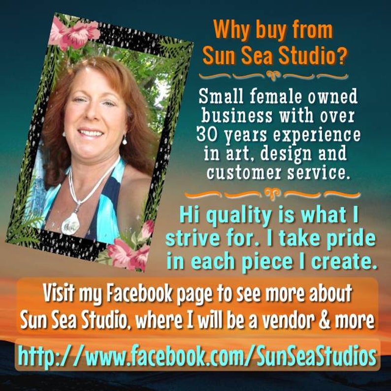 Puede incluir: Imagen con texto: "&iquest;Por qu&eacute; comprar en Sun Sea Studio?" y "Peque&ntilde;a empresa propiedad de mujeres con m&aacute;s de 30 a&ntilde;os de experiencia en arte, dise&ntilde;o y servicio al cliente." Incluye una URL de Facebook.