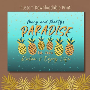 Signo de apellido de familia de piña imprimible personalizado, decoración del hogar de Florida, descarga de impresión de arte de Paradise Beach House, arte de pared Tropical Hawaii