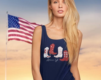 Western America Tank Top, Fouth of July Cowgirl Tee, Rodeo Cowboy Boots Top,  Country Girl Horses, Boho American Flag T Shirt, Plus Size