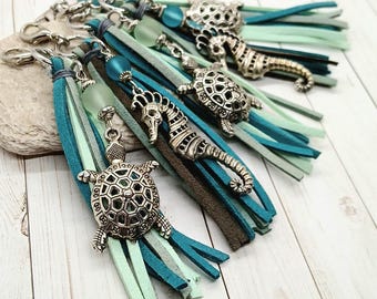 Sea Turtle Purse Charm Key Chain, Sea Horse, Ocean Beach Fringe Tassel Keychain,  Hawaiian Hawaii Zipper Pull, Turtle Car Charm Accesories