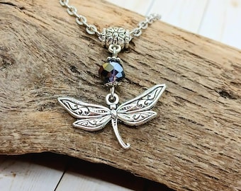 Silver Crystal Dragonfly Necklace, Fairy Fae Fairie Rainbow Jewelry, Damselfly Pendant, Hippy Boho Jewelry for Women, Insect Bug Chain
