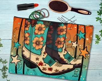 Retro Southwest Turquoise Toiletry Travel Bag, Boho Western Make Up Pouch, Western Gift Women, Boho Cowgirl Cosmetic Accessory Carry On