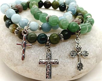 Beaded Cross Bracelet, Religious Christian Faith Jewelry, Silver Cross Charm Stretch Bracelet, Boho Jewelry Women, Catholic Prayer Beads