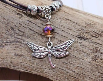 Silver Crystal Dragonfly Necklace on Leather, Fairy Fae Fairie Rainbow Jewelry, Damselfly Pendant, Hippy Boho Jewelry for Women, Insect Bug