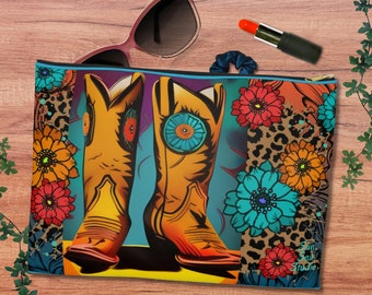 Retro Western Cosmetic Travel Bag, Boho Cowgirl Make Up Pouch, Western Gift Women, Accessory Organizer, Southwestern Carry On Toiletry Bag