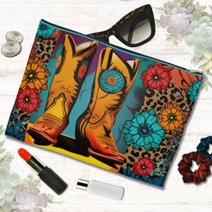 Retro Western Cosmetic Travel Bag, Boho Cowgirl Make Up Pouch, Western Gift Women, Jewelry Accessory Bag, Southwest Carry On Toiletry Bag
