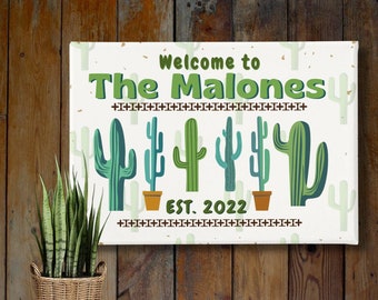 Signo personalizado de apellido de la familia de cactus, decoración occidental del hogar, arte de la pared del desierto del suroeste, impresión del suroeste, cartel de bienvenida de la puerta principal de Nuevo México